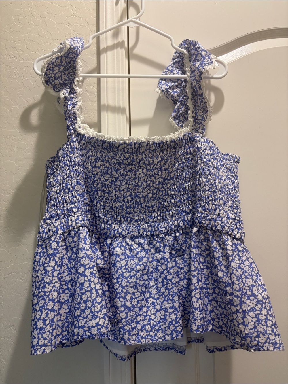 ARULA Blue Floral Smocked Peplum Tank with Ruffle Straps